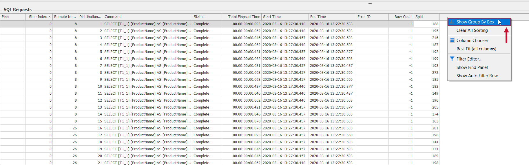 SQL Sentry Azure Synapse SQL Pool Distributed Queries Show Group by box Distributed Queries Show Group by box