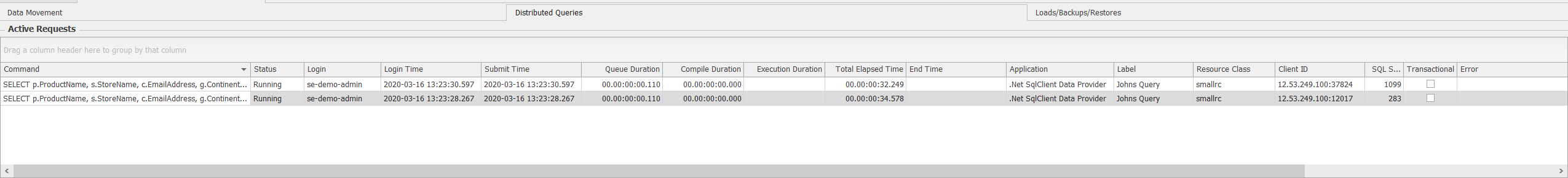 SQL Sentry Azure Synapse SQL Pool Distributed Queries Active Requests grid Distributed Queries Active Requests grid