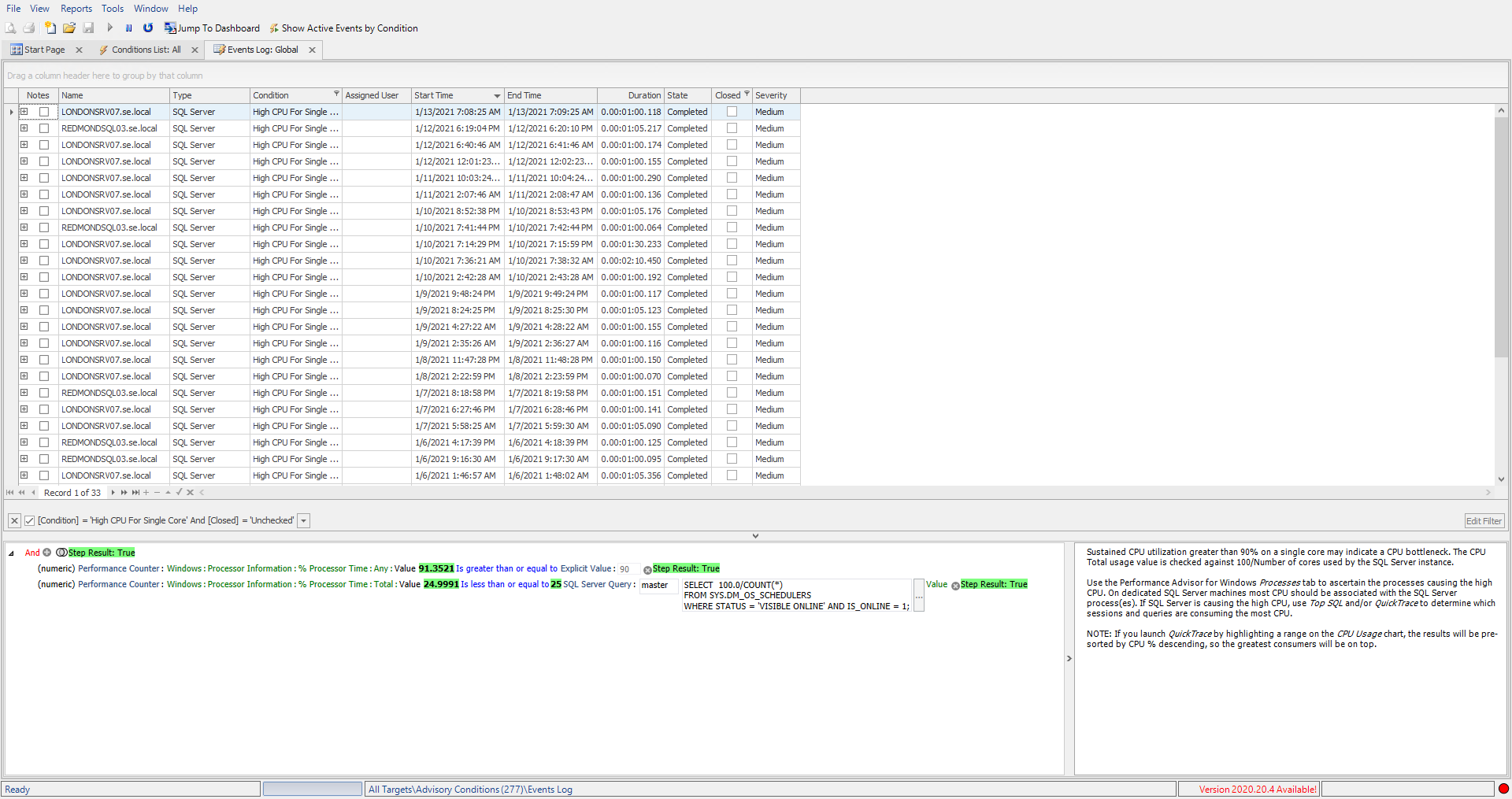 SQL Sentry Events Log from Conditions List Version 2021.18 SQL Sentry Events Log from Conditions List