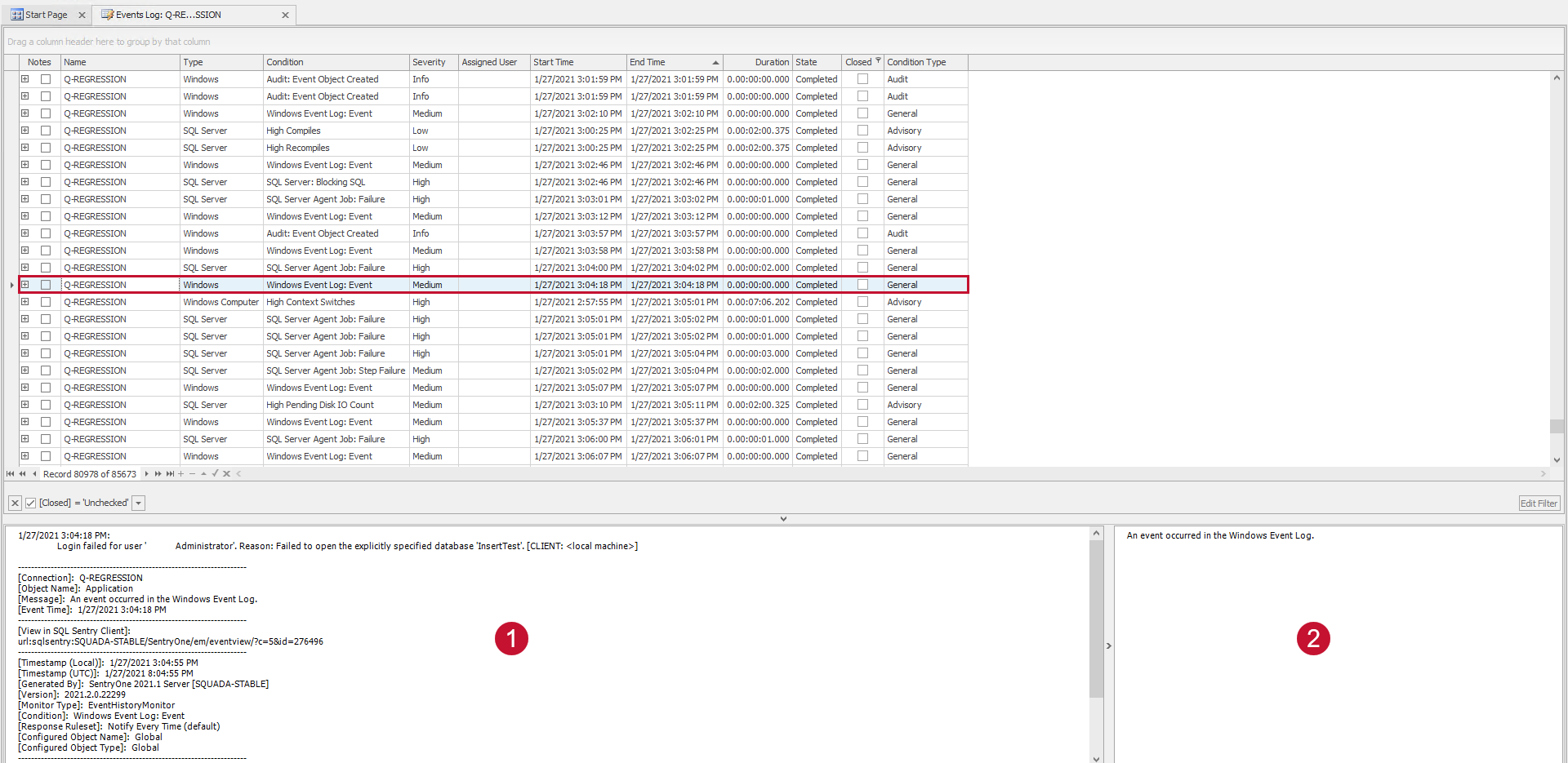 SentryOne Events Log Audit, General, or Failsafe Condition selected Version 2021 SentryOne Events Log Audit, General, or Failsafe Condition selected
