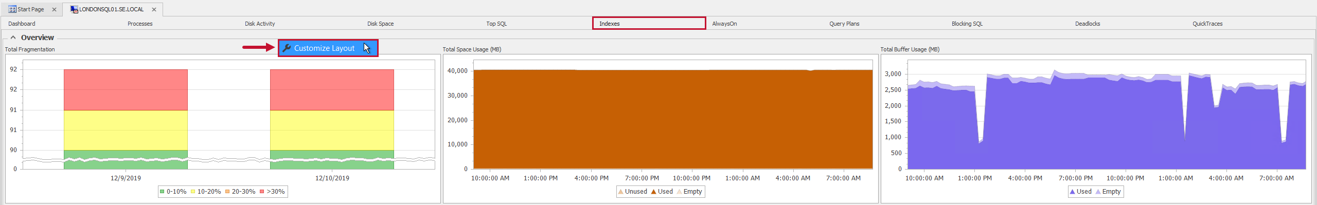 SQL Sentry Indexes tab Customize Layout Version 20.0 Indexes tab Customize Layout