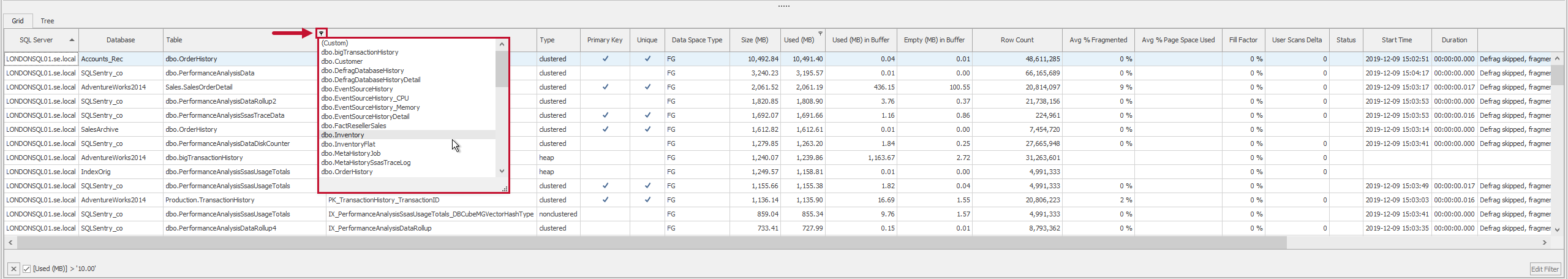 SQL Sentry Indexes tab apply a filter to Grid view Version 20.0 Indexes tab apply a filter to Grid view