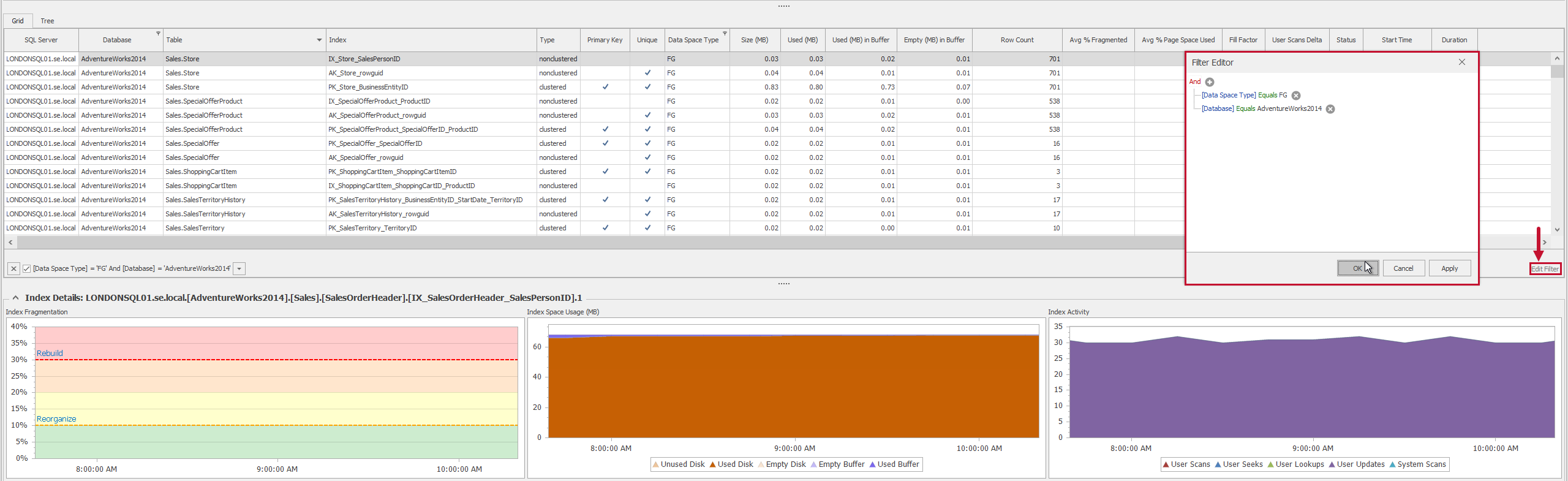 SQL Sentry Indexes tab Grid view Edit Filter button Version 20.0 Indexes tab Grid View Edit Filter button