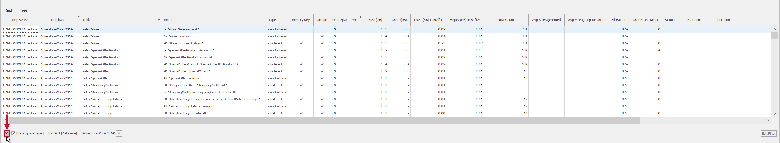 SQL Sentry Indexes tab close applied filter Version 20.0 Indexes tab close applied filter