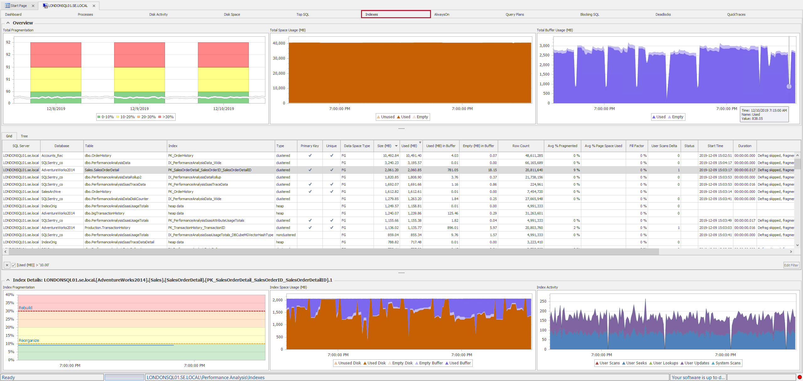 SQL Sentry Indexes tab Version 20.0 SQL Sentry Indexes tab