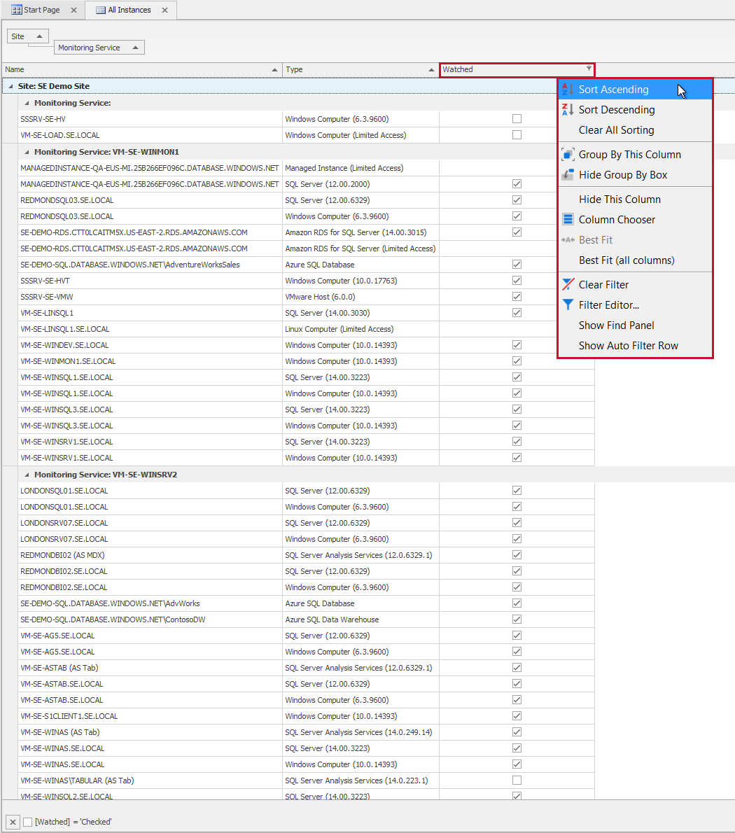 SQL Sentry Inventory View Sort Ascending context menu option Version 2021.18 Inventory View Sort Ascending context menu option