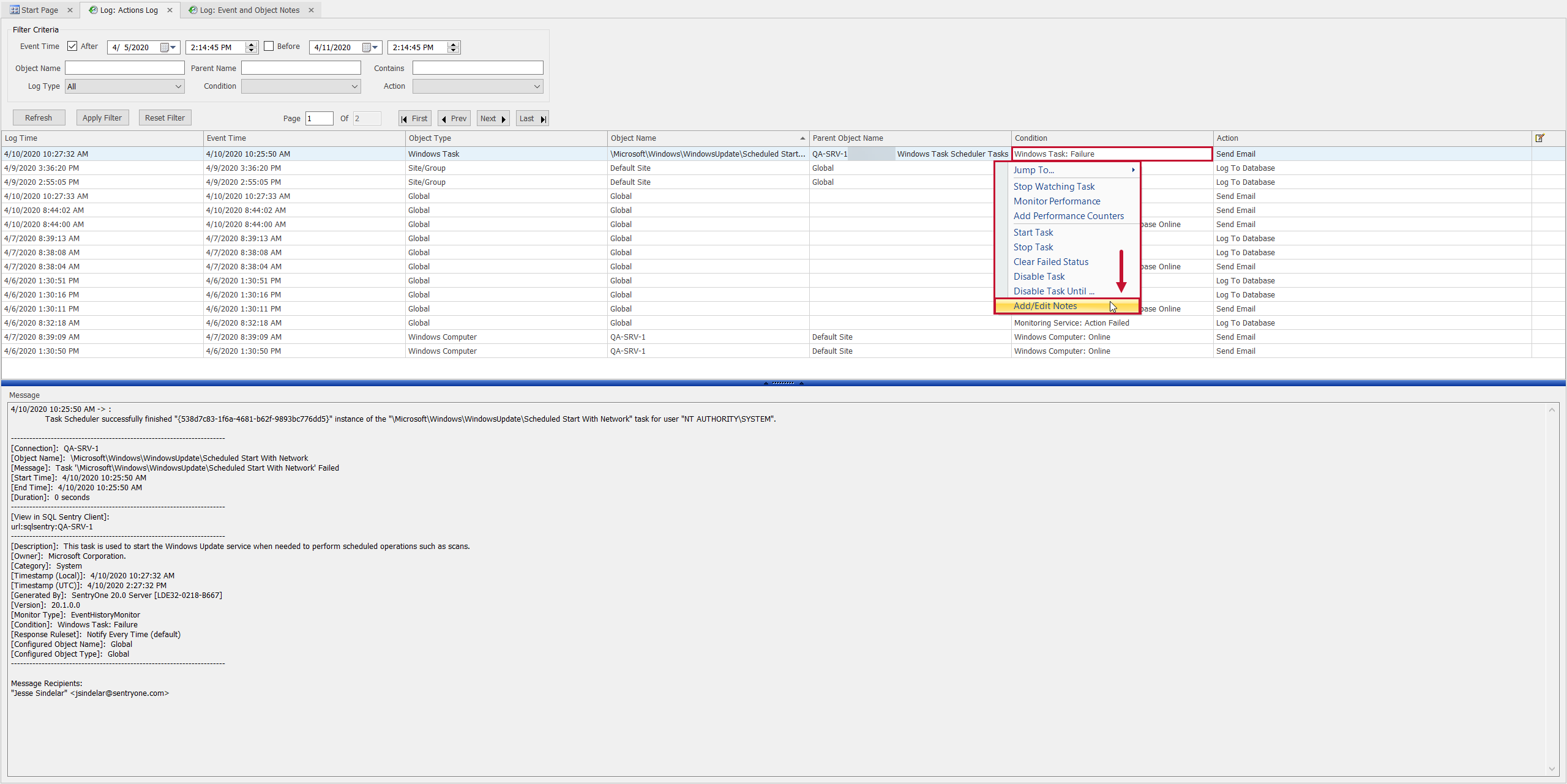 SQL Sentry Actions Log