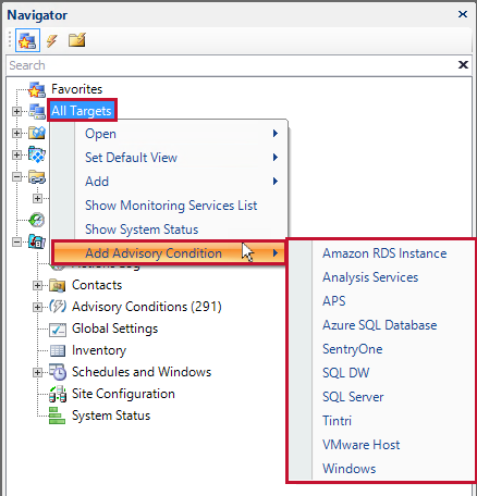 SQL Sentry Navigator Pane Add Advisory Condition Version 2021.18 Navigator Pane Add Advisory Condition