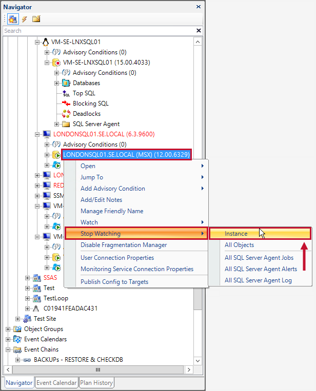 SentryOne Navigator Pane Stop Watching Instance Version 2021 SentryOne Navigator Pane Stop Watching Instance