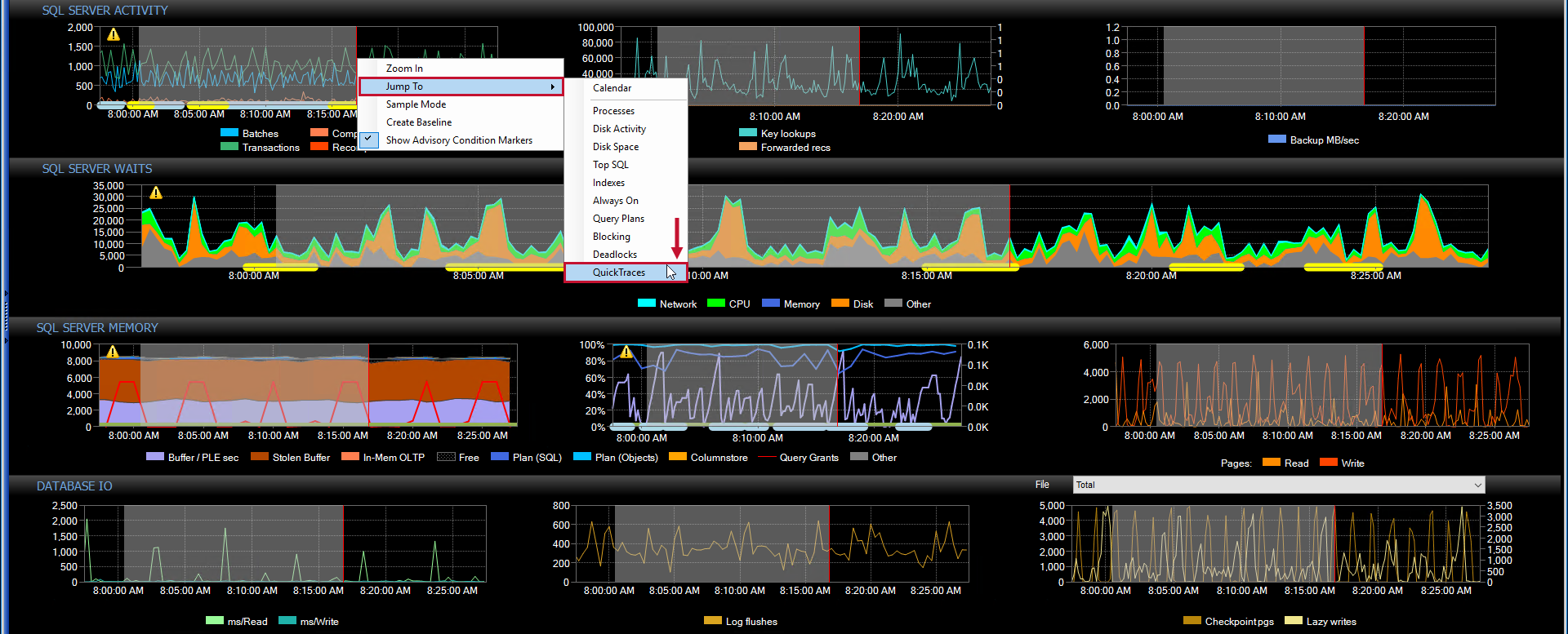 Performance Analysis Dashboard Jump To QuickTraces context menu