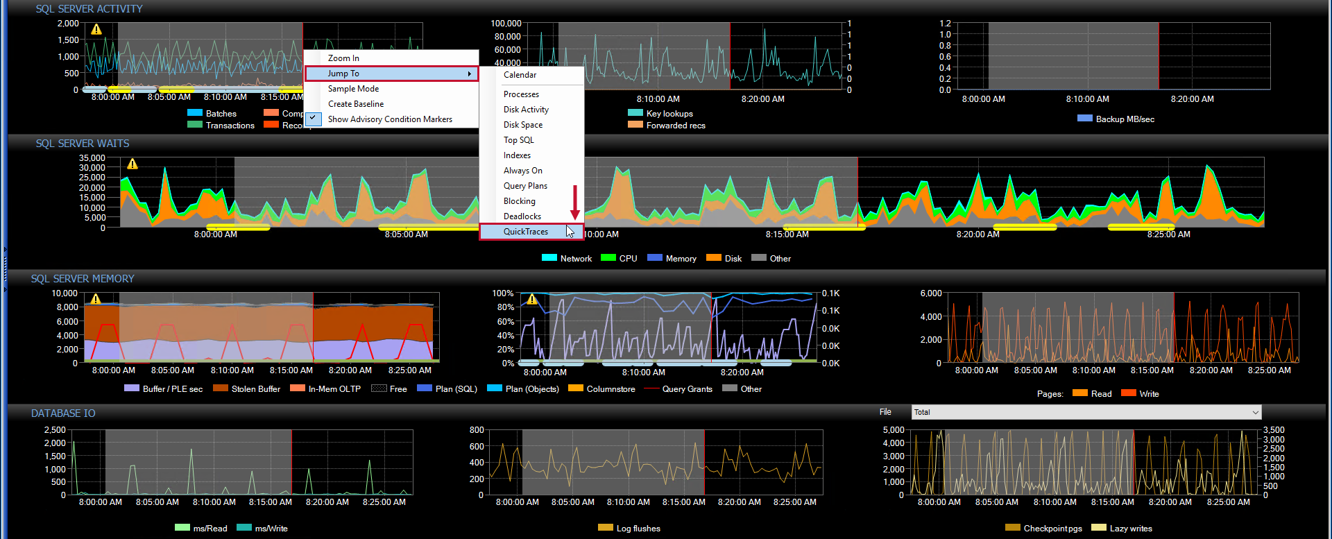 SQL Sentry Performance Analysis Dashboard Jump To QuickTraces context menu Version 2021.12 Performance Analysis Dashboard Jump To QuickTraces context menu
