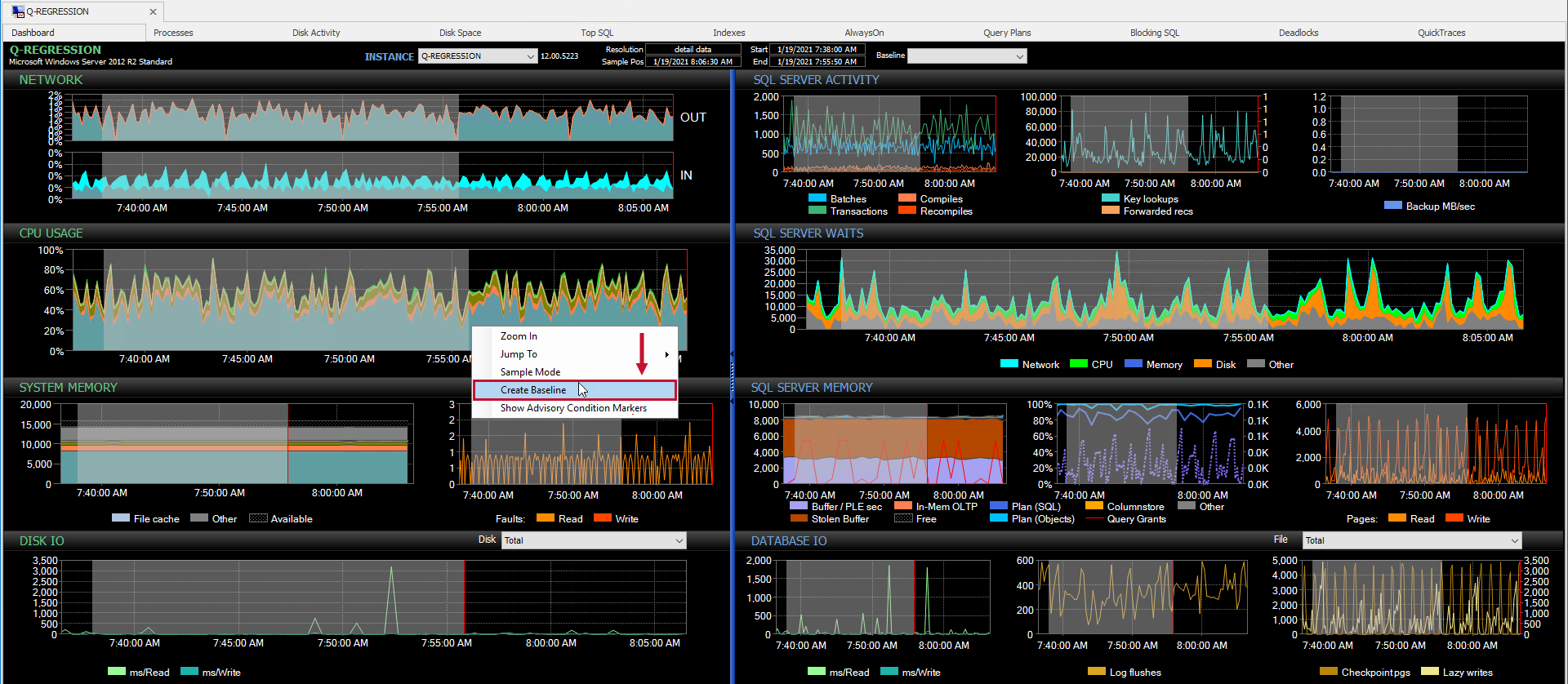 SQL Sentry Performance Analysis Dashboard Create Baseline context menu Version 2021.12 Performance Analysis Dashboard Create Baseline context menu