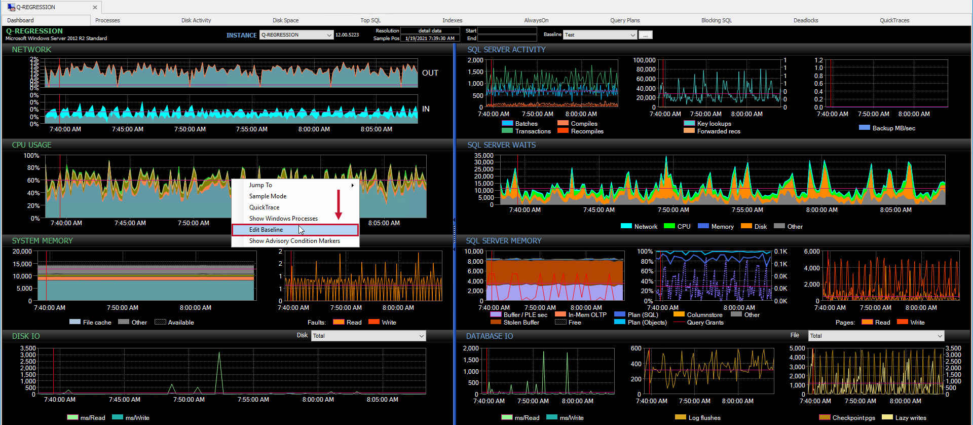 SQL Sentry Performance Analysis Dashboard Edit Baseline context menu option Version 2021.12 Performance Analysis Dashboard Edit Baseline context menu option