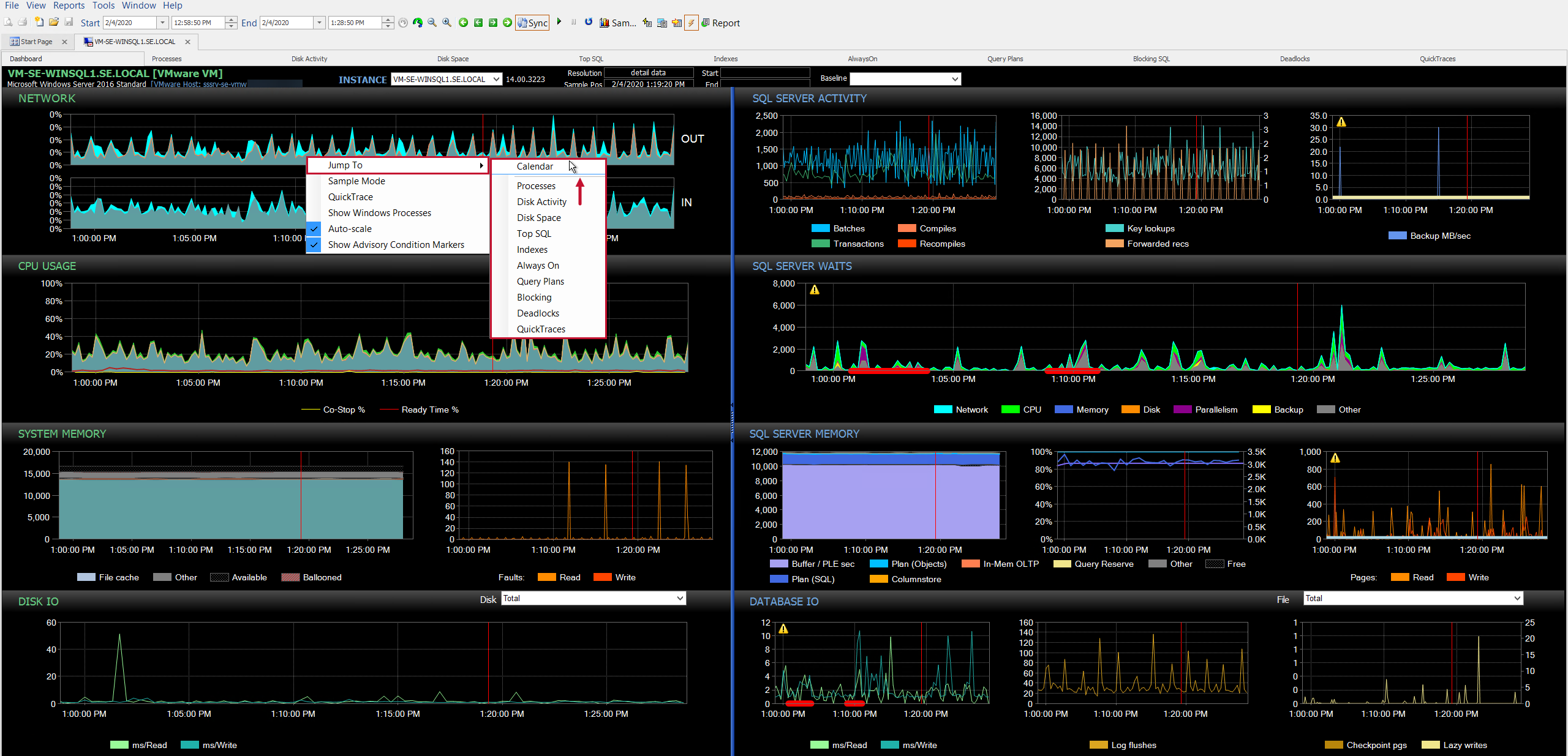 SQL Sentry Performance Analysis Dashboard Jump To from the right click context menu Version 2021.12 Performance Analysis Dashboard select Jump To from the right-click context menu