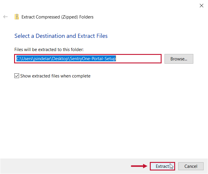 SentryOne Portal Configuration Select a Destination and Extract Files