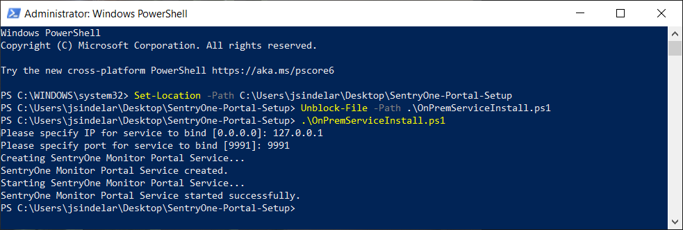SentryOne Portal Configuration Execute OnPremServiceInstall.ps1