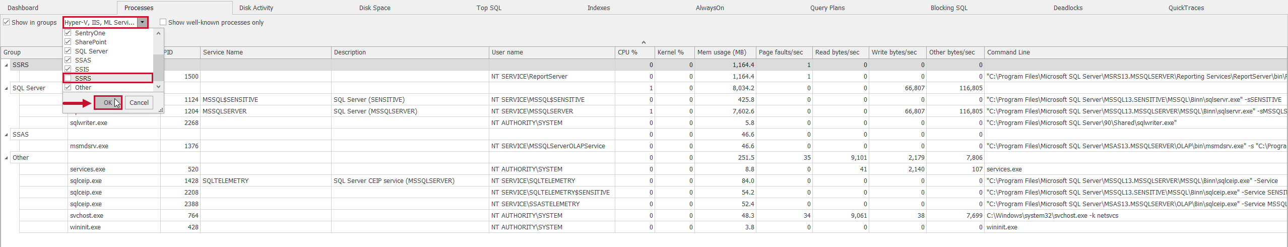 SQL Sentry Processes tab groups drop-down list Version 2021.12 Processes tab groups drop-down list
