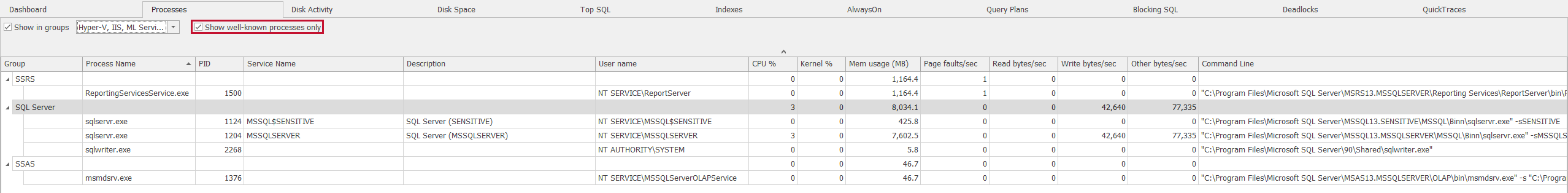 SQL Sentry Processes tab Show well-known processes only check-box Version 2021.12 Processes tab Show well-known processes only check-box