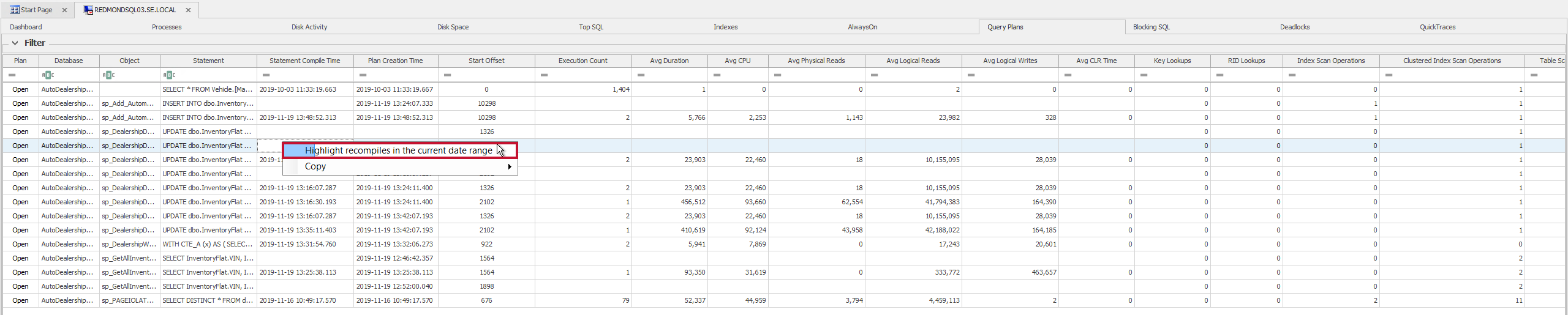 SQL Sentry Query Plans Highlight recompiles in the current date range context menu Version 2021 Query Plans Highlight recompiles in the current date range context menu