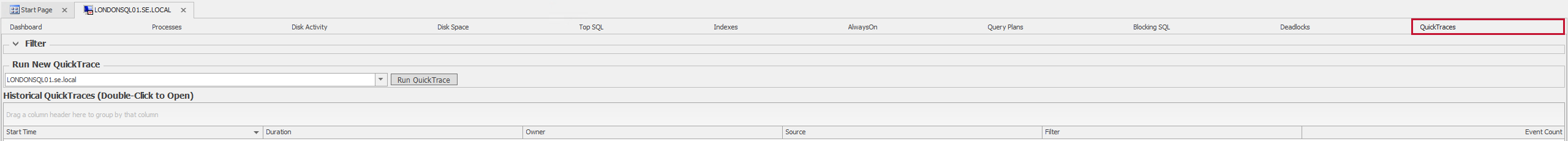 SQL Sentry Performance Analysis QuickTraces tab Performance Analysis QuickTraces tab