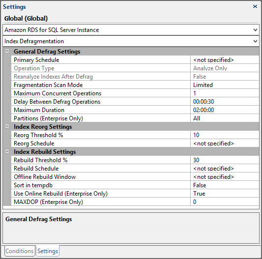 Amazon RDS for SQL Server Index Defragmentation Settings Global