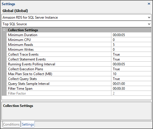 Amazon RDS for SQL Server Top SQL Source Settings Global