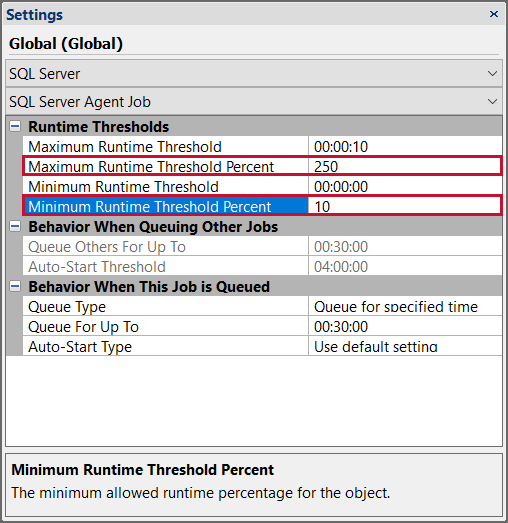 SentryOne Settings Pane Global SQL Server SQL Server Agent Job Runtime Thresholds