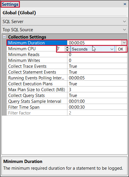 SQL Sentry set Minimum Duration settings globally in the Settings pane Version 2021.12 Set Minimum Duration settings globally in the Settings pane