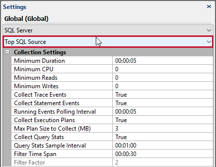 Settings pane Top SQL Source Settings