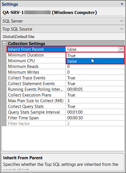 SQL Sentry set Inherit From Parent setting to False in Settings pane Version 2021.12 Set Inherit From Parent setting to False in Settings pane
