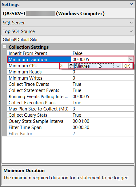 SQL Sentry set Minimum Duration setting in Settings pane Version 2021.12 Set Minimum Duration setting in Settings pane