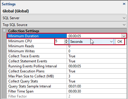 SQL Sentry Settings pane Minimum Duration Settings Version 2021.18 Settings pane Minimum Duration Settings