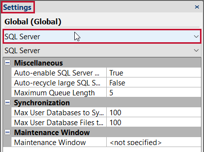 Settings pane select SQL Server settings from the top drop-down list