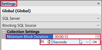 Settings pane Blocking Source settings set Minimum Block Duration to 20