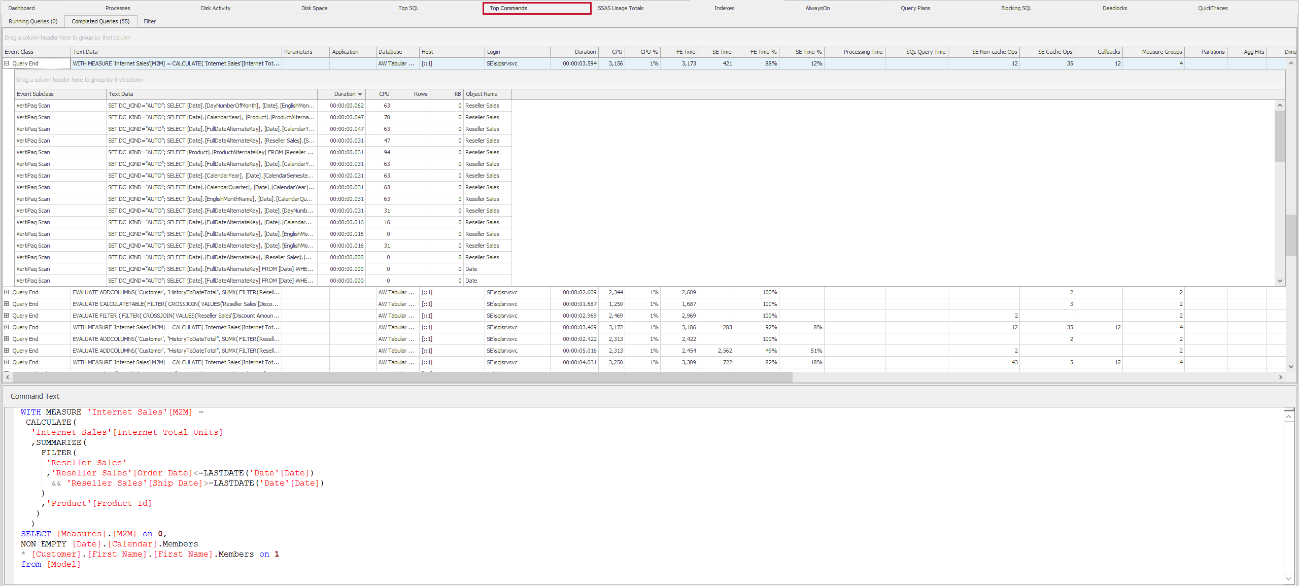 SQL Sentry SSAS Target Top Commands tab query expanded Version 2021.12 SSAS Target Top Commands tab query expanded