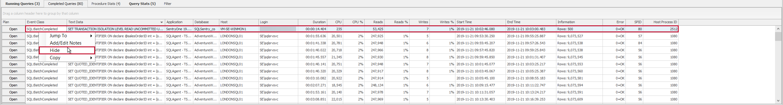 SQL Sentry Top SQL tab Hide a query Version 2021.12 Top SQL tab Hide a query