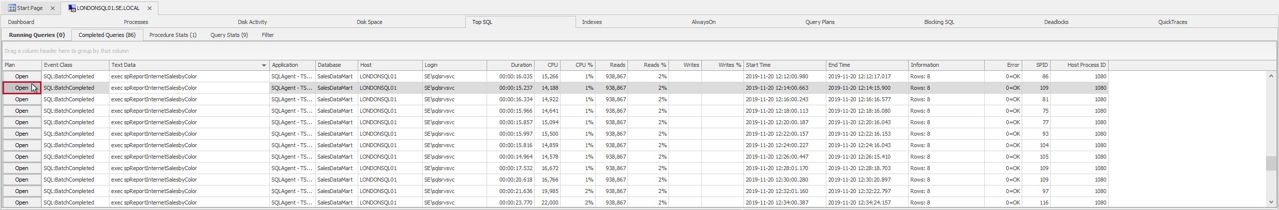 SQL Sentry Top SQL tab Open Query Version 2021.12 Top SQL tab Open Query