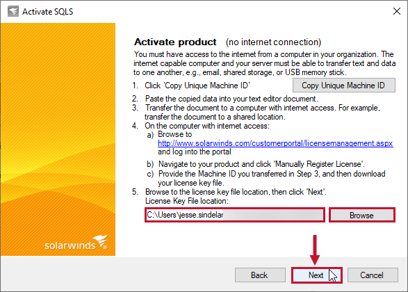 SolarWinds License Manager Activate Product Next