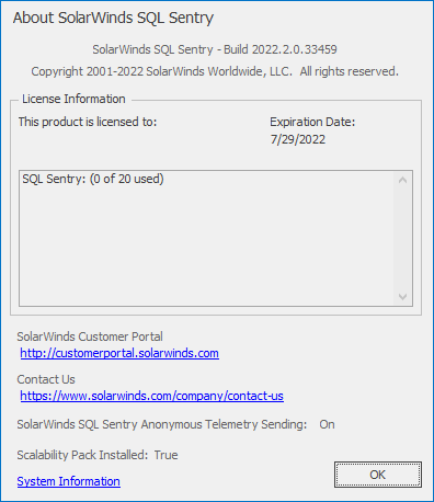 About SolarWinds SQL Sentry window showing 11 of 50 licenses used