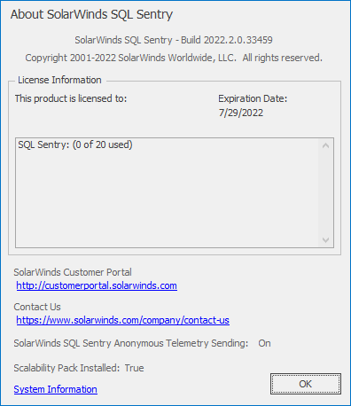 SentryOne About SentryOne window Version 2020.0 About SolarWinds SQL Sentry window showing 11 of 50 licenses used