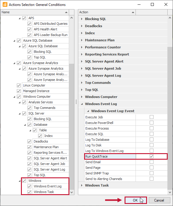 SQL Sentry Action Selector Run QuickTrace™ action Version 2021.18.1 Action Selector Run QuickTrace™ action