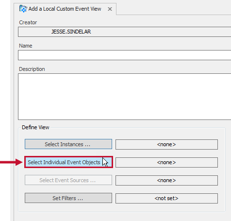 Add a Local Custom Event View tab with the Select Individual Event Objects button highlighted.