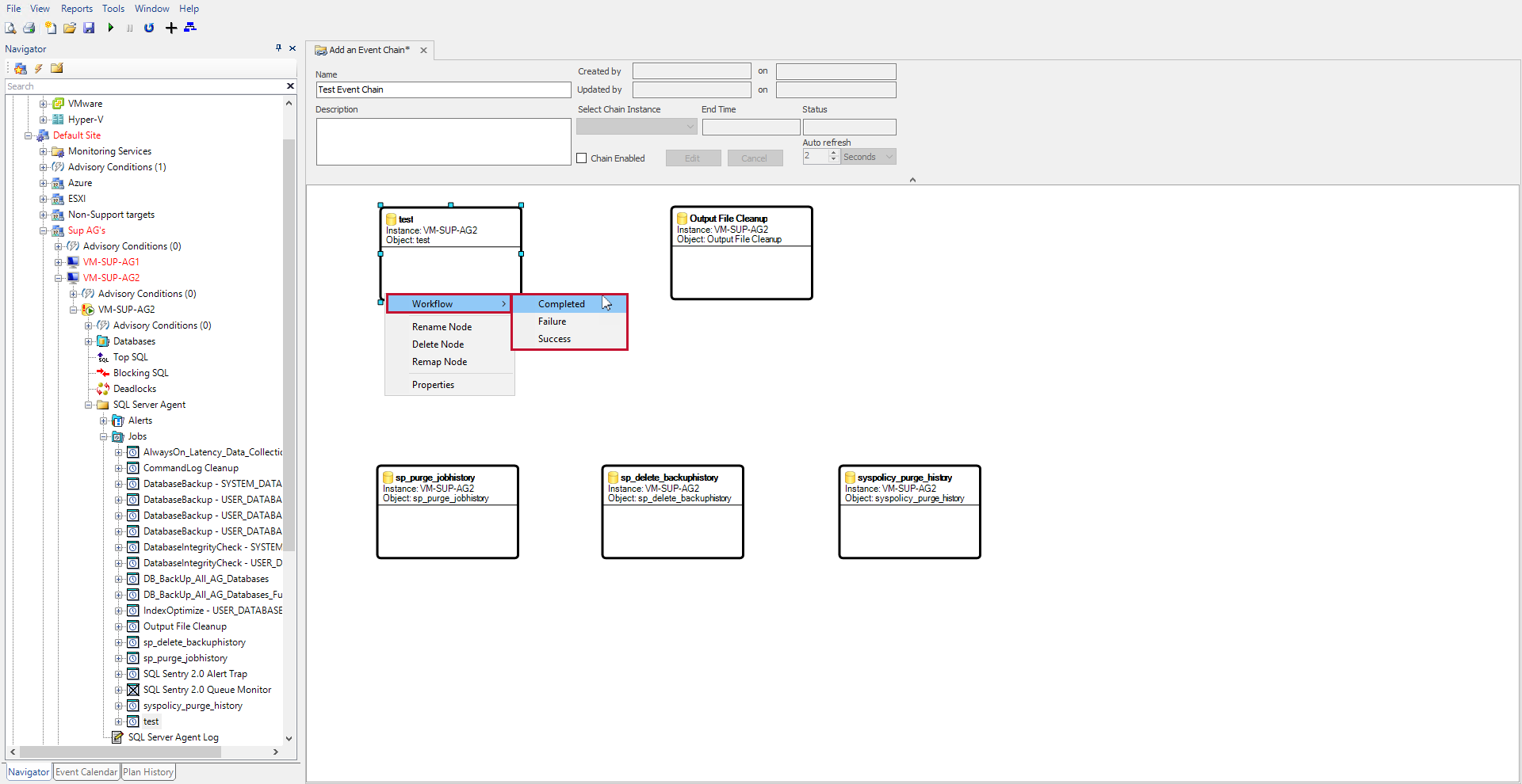 Add an Event Chain tab with 5 added objects and the context menu opened to Workflow Completed for the test object.