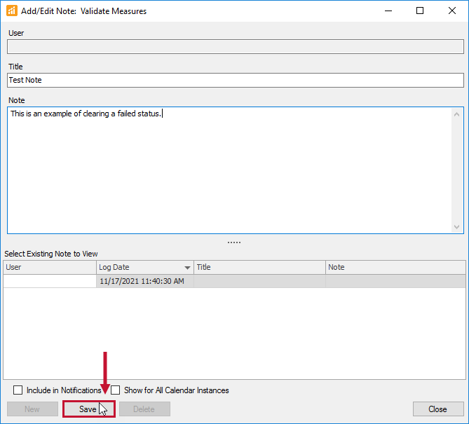 SQL Sentry Add/Edit Note window with the Save Option highlighted.