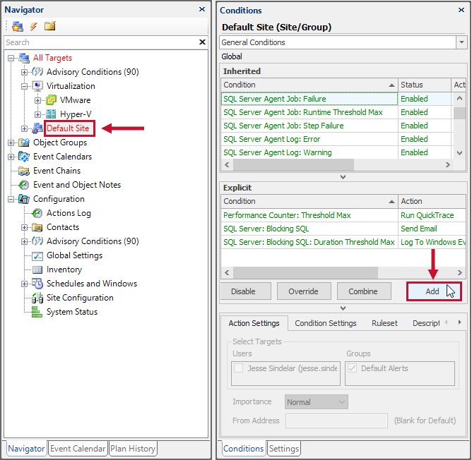 SQL Sentry select the desired node and open the Conditions pane Version 2021.18 Select the desired node and open the Conditions pane