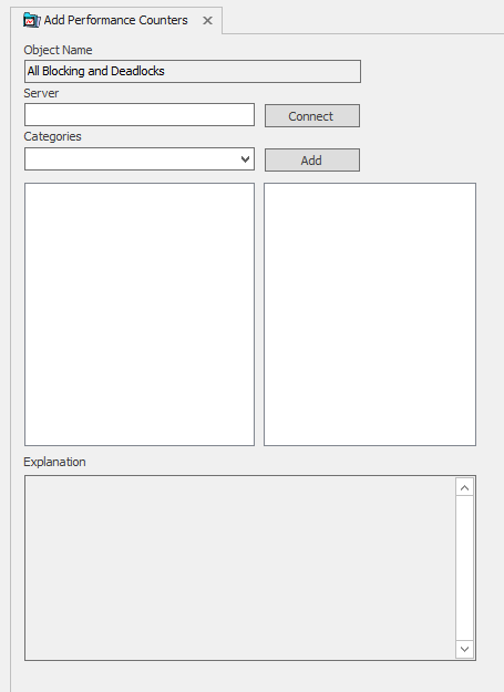 SQL Sentry Add Performance Counters tab Version 2021.18 Add Performance Counters displaying the object name, an option to connect to a server, and the option to select categories.