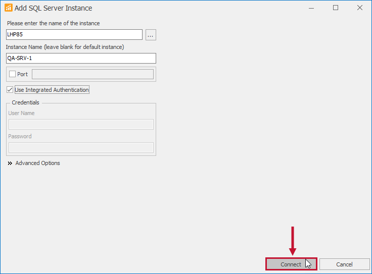 SQL Sentry Add SQL Server Instance window Version 2021.12 Add SQL Server Instance window
