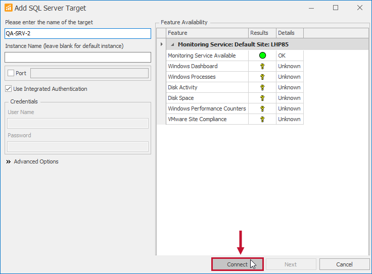 SQL Sentry Add SQL Server Target window