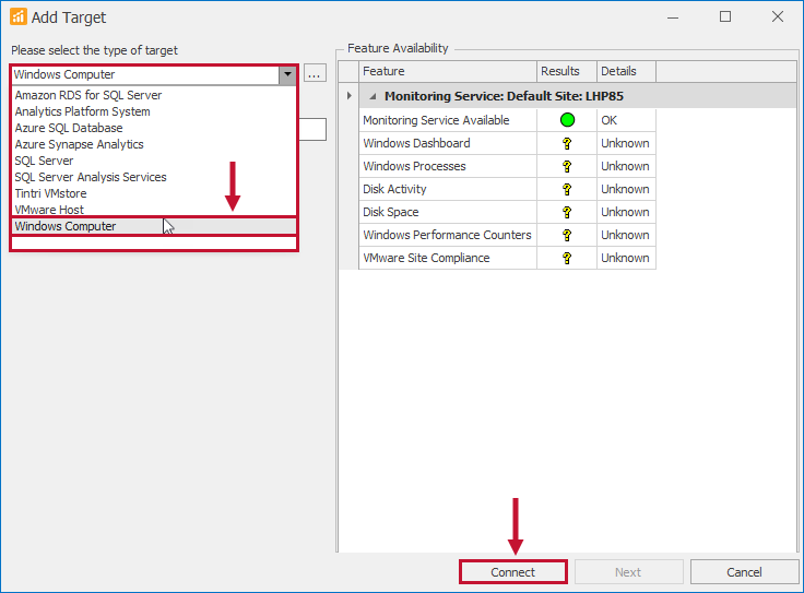 SQL Sentry Add Target Dialog Box Version 2021.18 Add Target Dialog Box