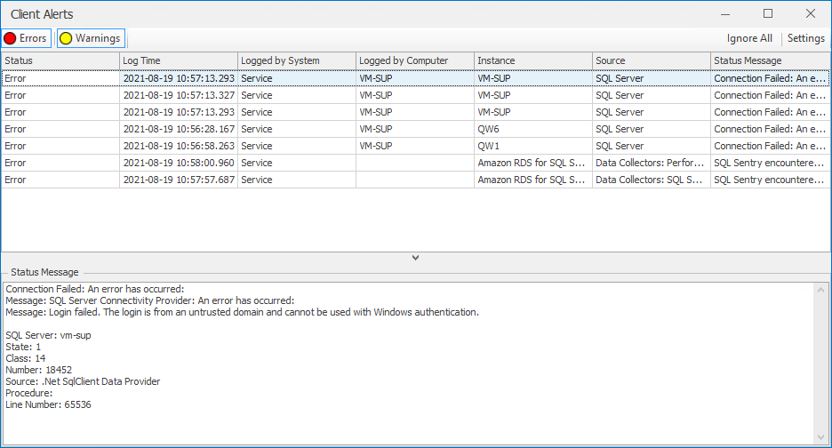 SQL Sentry Client Alerts Window Version 2021.12 Client Alerts Window